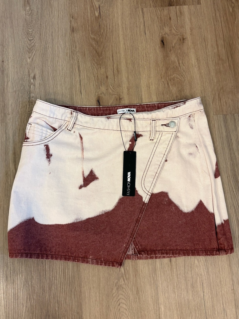 Fashion Nova Two-Tone Rust and Cream Denim Mini Skirt